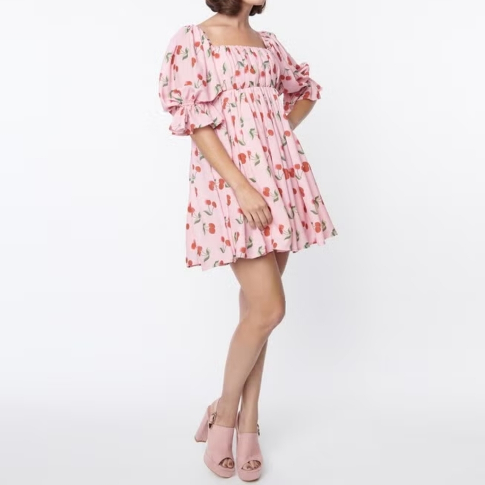 Smak Parlour Pink Cherry Dress Medium Puff Sleeve Tulle Babydoll Retro Feminine